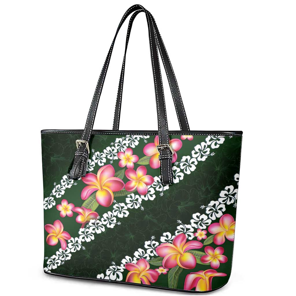 Green Polynesia Leather Tote Bag Plumeria With Hibiscus Pattern Tropical Vibes
