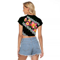 Green Polynesia Raglan Cropped T Shirt Plumeria With Hibiscus Pattern Tropical Vibes