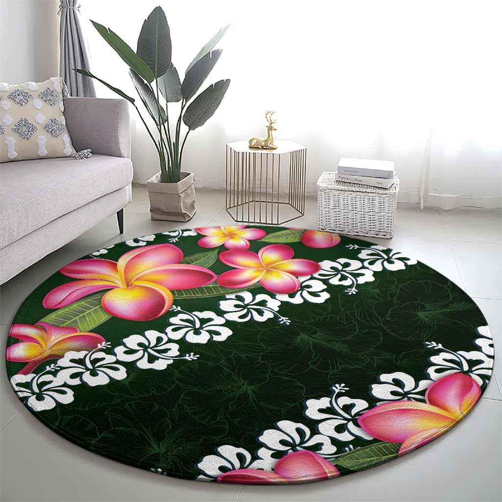 Green Polynesia Round Carpet Plumeria With Hibiscus Pattern Tropical Vibes