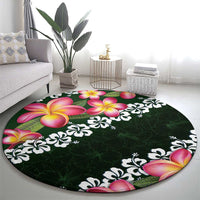 Green Polynesia Round Carpet Plumeria With Hibiscus Pattern Tropical Vibes