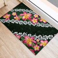 Green Polynesia Rubber Doormat Plumeria With Hibiscus Pattern Tropical Vibes