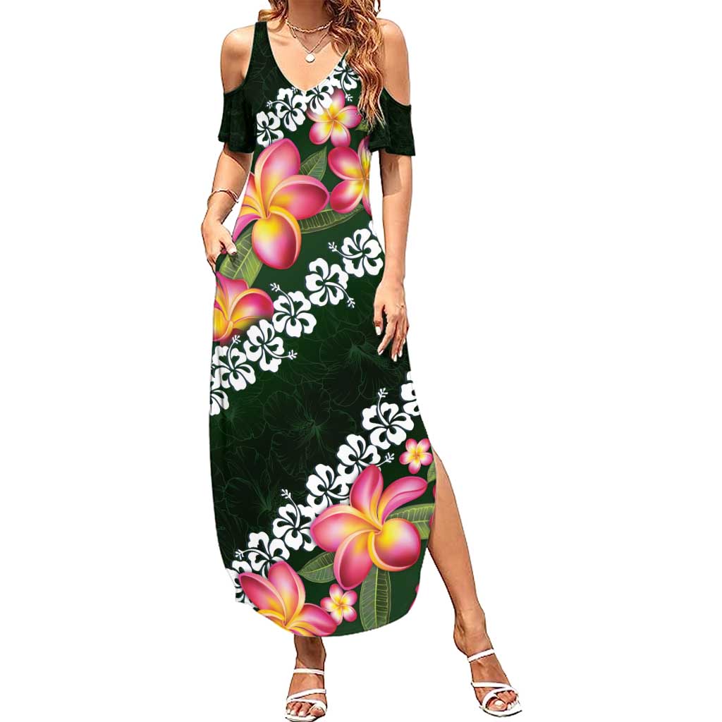 Green Polynesia Summer Maxi Dress Plumeria With Hibiscus Pattern Tropical Vibes