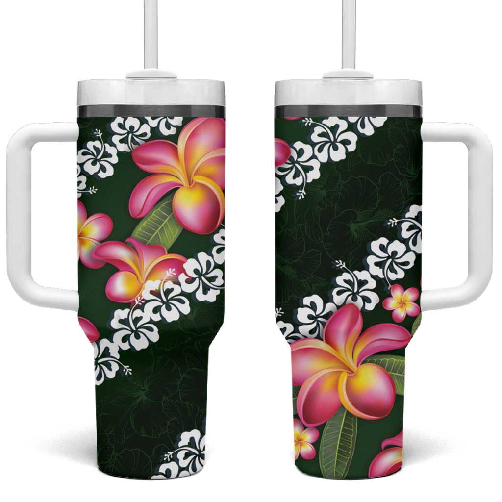 Green Polynesia Tumbler With Handle Plumeria With Hibiscus Pattern Tropical Vibes