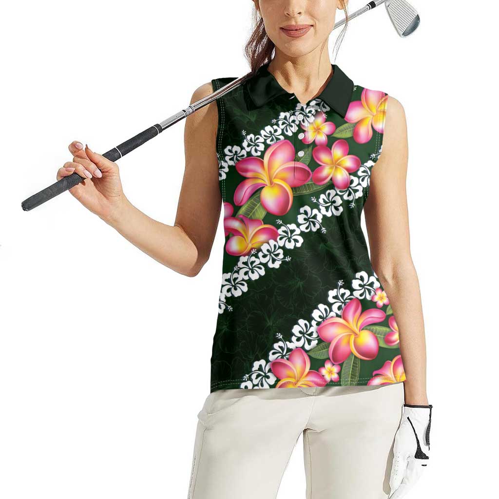 Green Polynesia Women Sleeveless Polo Shirt Plumeria With Hibiscus Pattern Tropical Vibes