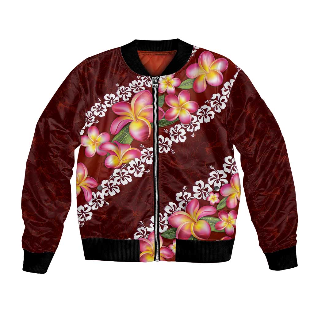 Oxblood Polynesia Bomber Jacket Plumeria With Hibiscus Pattern Tropical Vibes