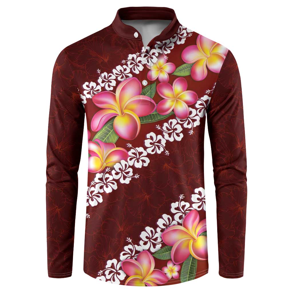 Oxblood Polynesia Button Sweatshirt Plumeria With Hibiscus Pattern Tropical Vibes