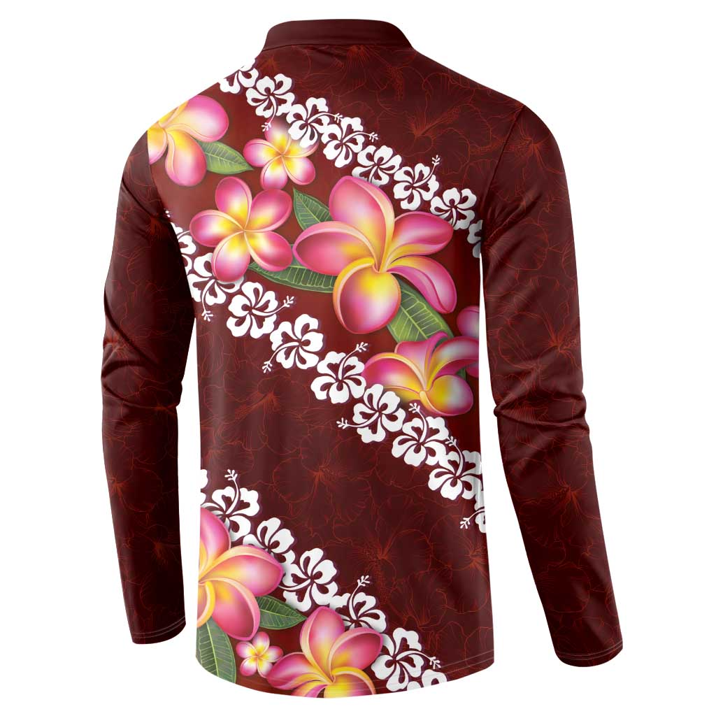 Oxblood Polynesia Button Sweatshirt Plumeria With Hibiscus Pattern Tropical Vibes