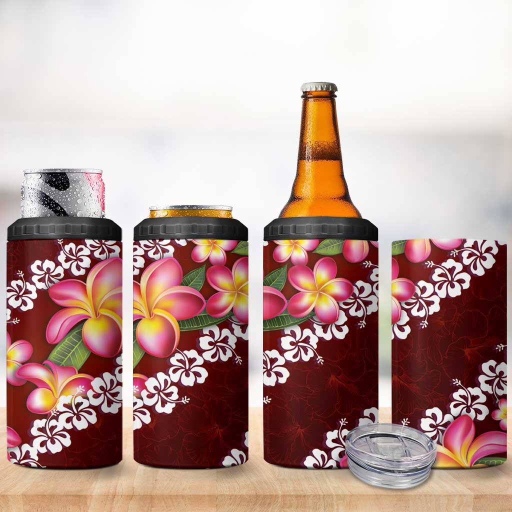 Oxblood Polynesia 4 in 1 Can Cooler Tumbler Plumeria With Hibiscus Pattern Tropical Vibes