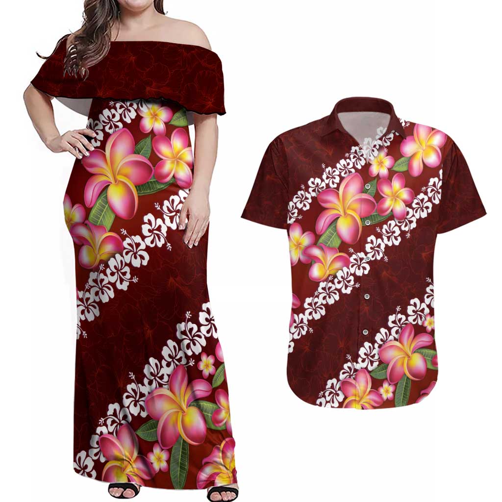 Oxblood Polynesia Couples Matching Off Shoulder Maxi Dress and Hawaiian Shirt Plumeria With Hibiscus Pattern Tropical Vibes