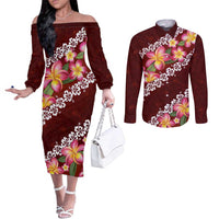 Oxblood Polynesia Couples Matching Off The Shoulder Long Sleeve Dress and Long Sleeve Button Shirt Plumeria With Hibiscus Pattern Tropical Vibes