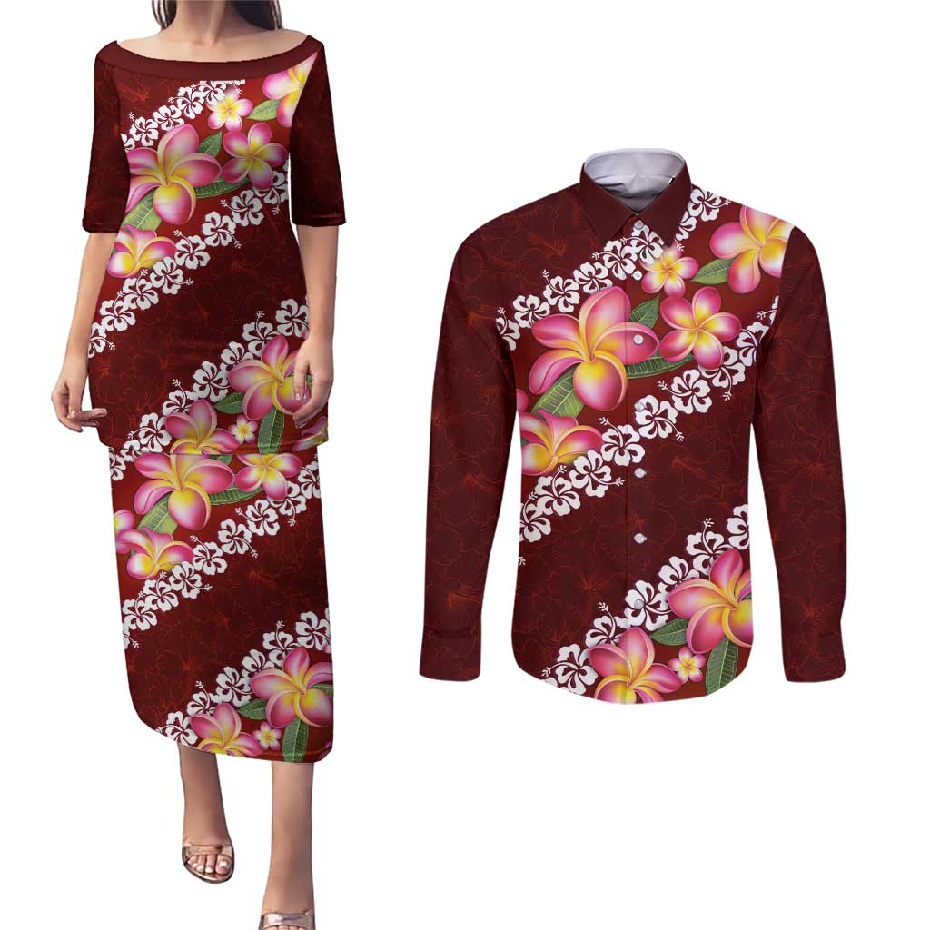 Oxblood Polynesia Couples Matching Puletasi and Long Sleeve Button Shirt Plumeria With Hibiscus Pattern Tropical Vibes