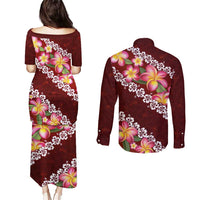 Oxblood Polynesia Couples Matching Puletasi and Long Sleeve Button Shirt Plumeria With Hibiscus Pattern Tropical Vibes