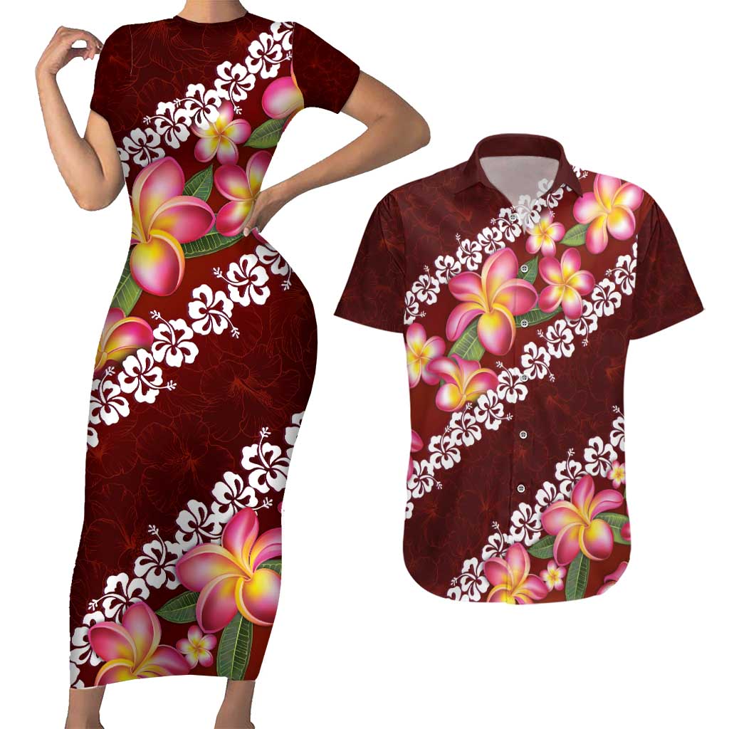 Oxblood Polynesia Couples Matching Short Sleeve Bodycon Dress and Hawaiian Shirt Plumeria With Hibiscus Pattern Tropical Vibes