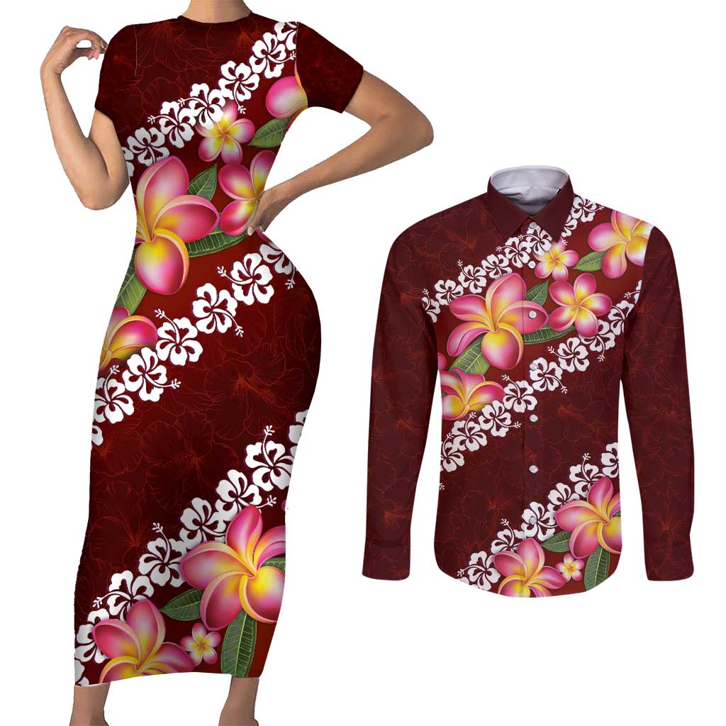 Oxblood Polynesia Couples Matching Short Sleeve Bodycon Dress and Long Sleeve Button Shirt Plumeria With Hibiscus Pattern Tropical Vibes