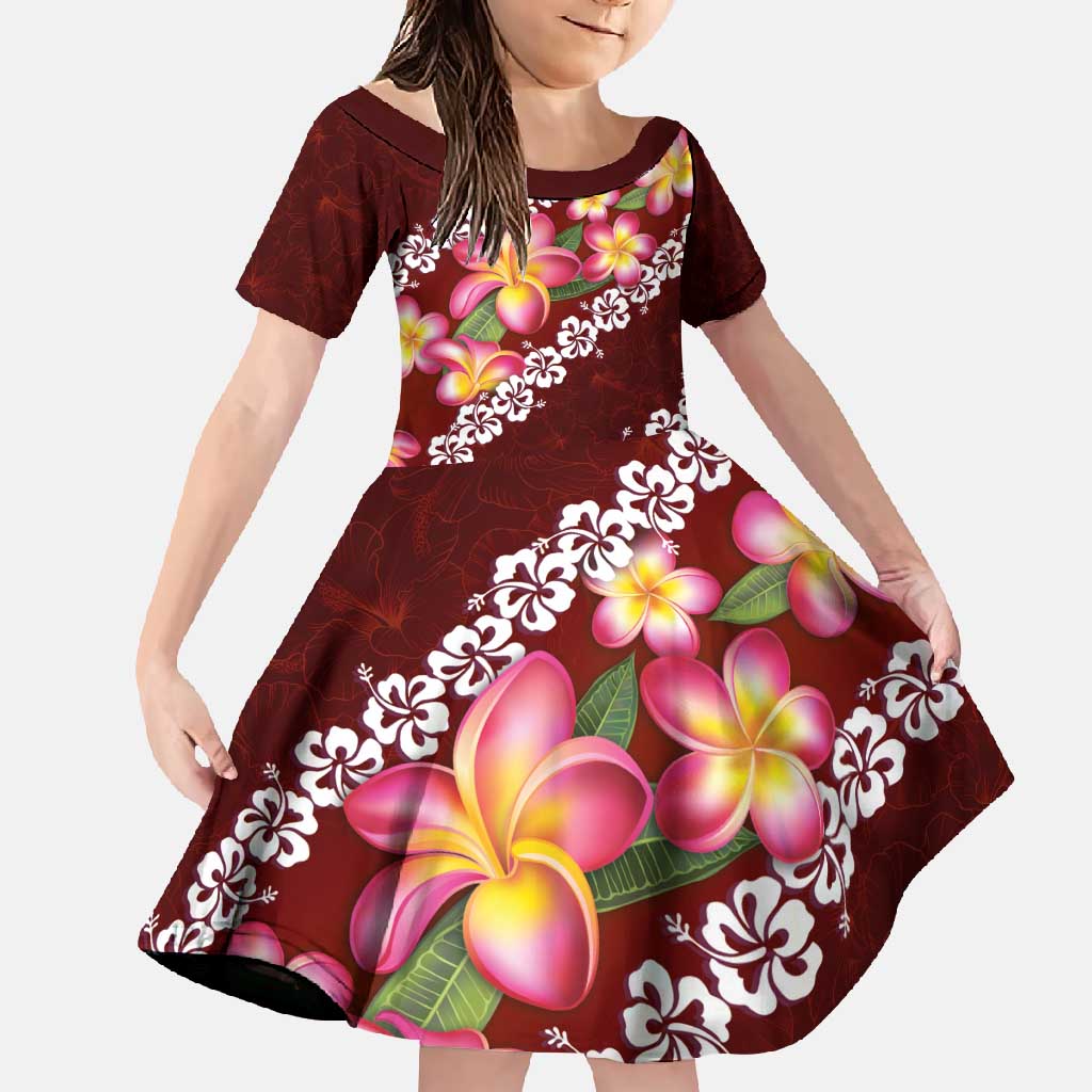 Oxblood Polynesia Family Matching Long Sleeve Bodycon Dress and Hawaiian Shirt Plumeria With Hibiscus Pattern Tropical Vibes LT14 Daughter's Dress Oxblood - Polynesian Pride