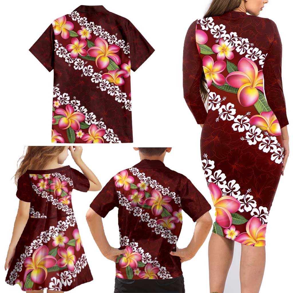 Oxblood Polynesia Family Matching Long Sleeve Bodycon Dress and Hawaiian Shirt Plumeria With Hibiscus Pattern Tropical Vibes LT14 - Polynesian Pride