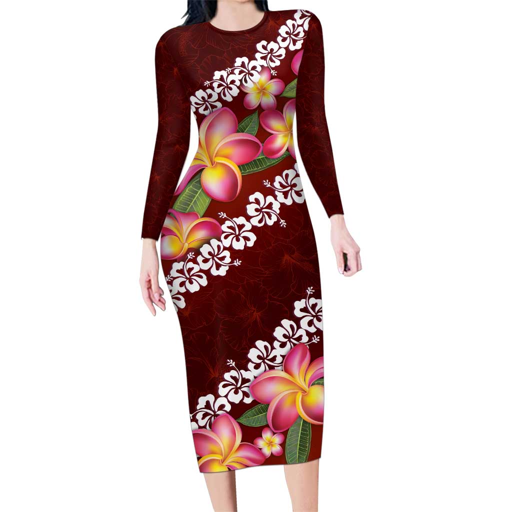 Oxblood Polynesia Family Matching Long Sleeve Bodycon Dress and Hawaiian Shirt Plumeria With Hibiscus Pattern Tropical Vibes LT14 Mom's Dress Oxblood - Polynesian Pride
