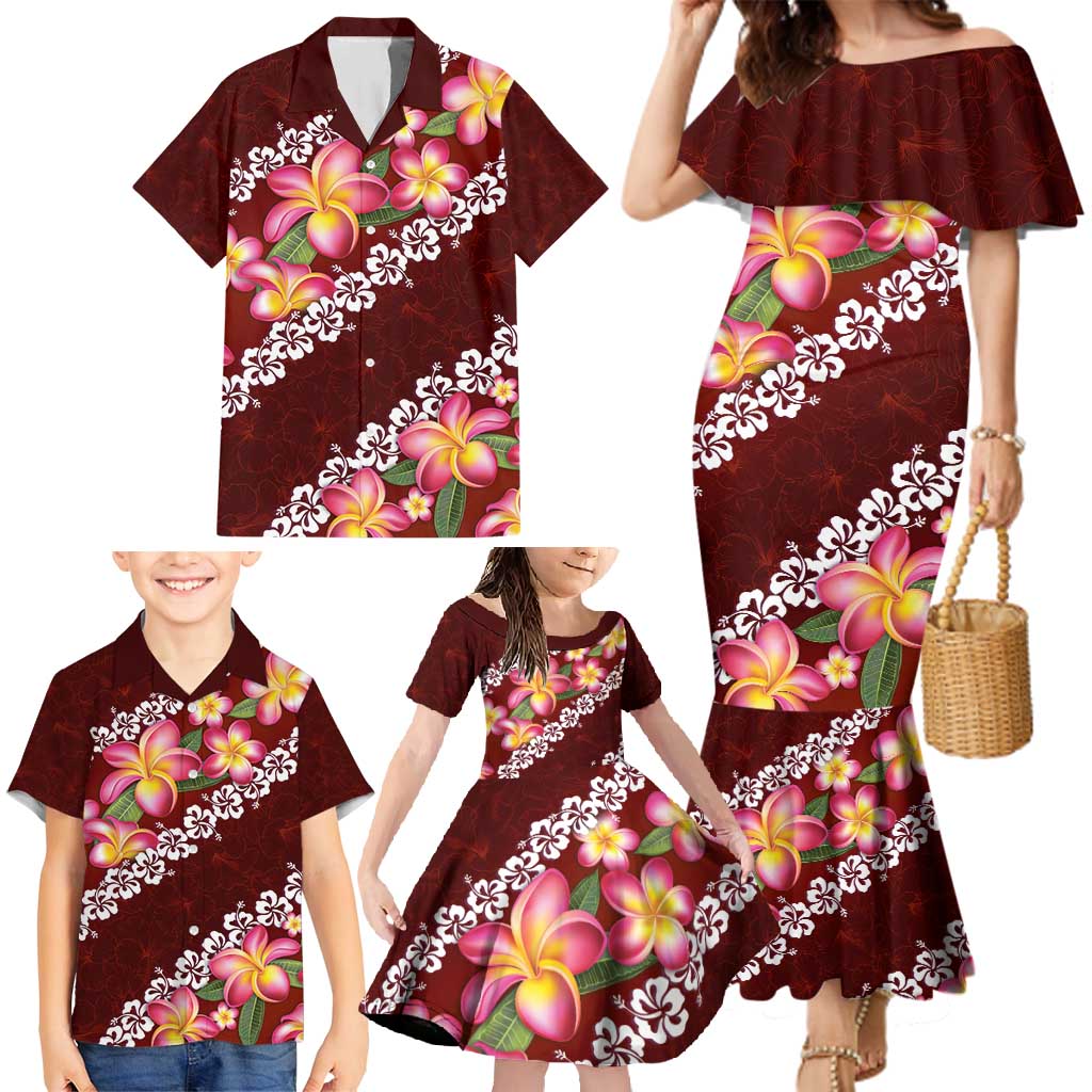 Oxblood Polynesia Family Matching Mermaid Dress and Hawaiian Shirt Plumeria With Hibiscus Pattern Tropical Vibes LT14 - Polynesian Pride