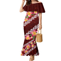 Oxblood Polynesia Family Matching Mermaid Dress and Hawaiian Shirt Plumeria With Hibiscus Pattern Tropical Vibes LT14 Mom's Dress Oxblood - Polynesian Pride