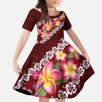 Oxblood Polynesia Family Matching Short Sleeve Bodycon Dress and Hawaiian Shirt Plumeria With Hibiscus Pattern Tropical Vibes LT14 Daughter's Dress Oxblood - Polynesian Pride