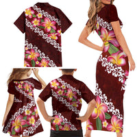 Oxblood Polynesia Family Matching Short Sleeve Bodycon Dress and Hawaiian Shirt Plumeria With Hibiscus Pattern Tropical Vibes LT14 - Polynesian Pride