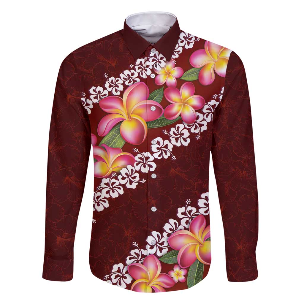 Oxblood Polynesia Family Matching Short Sleeve Bodycon Dress and Hawaiian Shirt Plumeria With Hibiscus Pattern Tropical Vibes LT14 Dad's Shirt - Long Sleeve Oxblood - Polynesian Pride