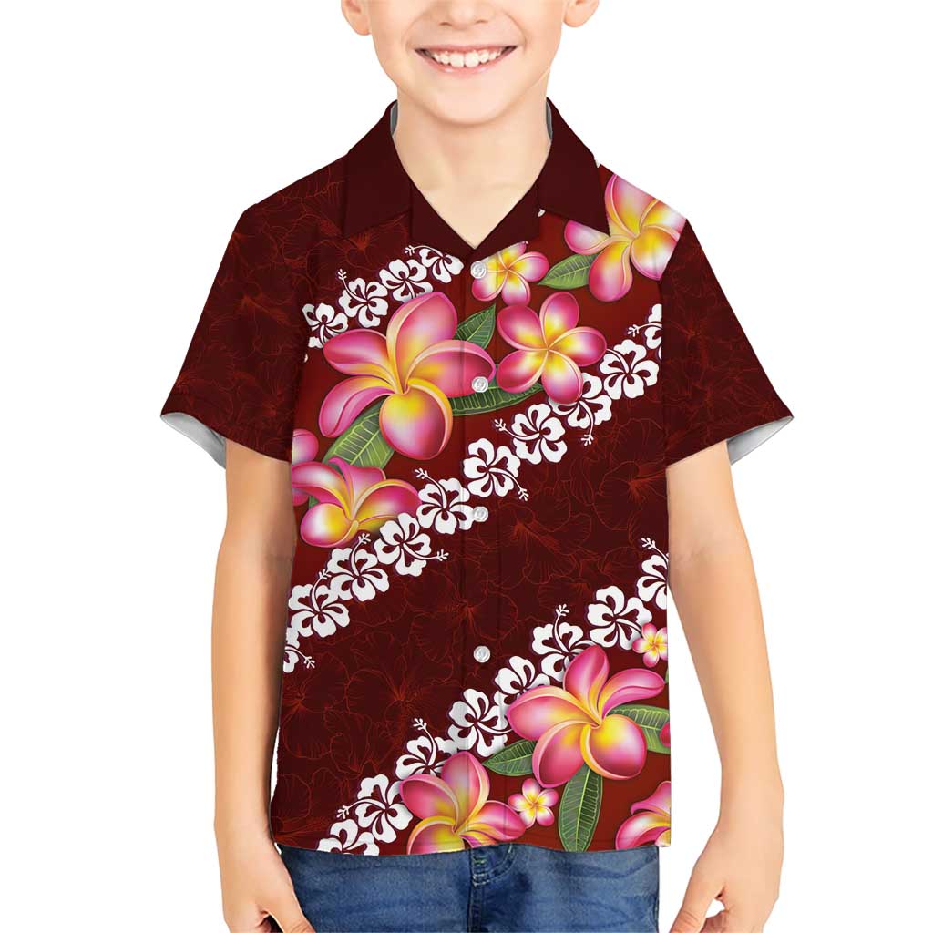 Oxblood Polynesia Family Matching Short Sleeve Bodycon Dress and Hawaiian Shirt Plumeria With Hibiscus Pattern Tropical Vibes LT14 Son's Shirt Oxblood - Polynesian Pride