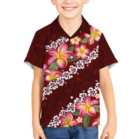 Oxblood Polynesia Family Matching Short Sleeve Bodycon Dress and Hawaiian Shirt Plumeria With Hibiscus Pattern Tropical Vibes LT14 Son's Shirt Oxblood - Polynesian Pride