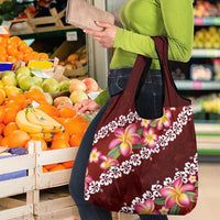 Oxblood Polynesia Grocery Bag Plumeria With Hibiscus Pattern Tropical Vibes