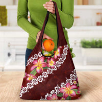 Oxblood Polynesia Grocery Bag Plumeria With Hibiscus Pattern Tropical Vibes