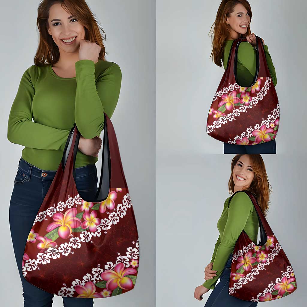 Oxblood Polynesia Grocery Bag Plumeria With Hibiscus Pattern Tropical Vibes