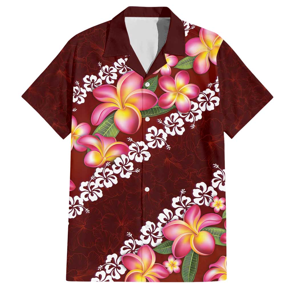 Oxblood Polynesia Hawaiian Shirt Plumeria With Hibiscus Pattern Tropical Vibes