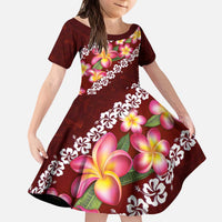Oxblood Polynesia Kid Short Sleeve Dress Plumeria With Hibiscus Pattern Tropical Vibes