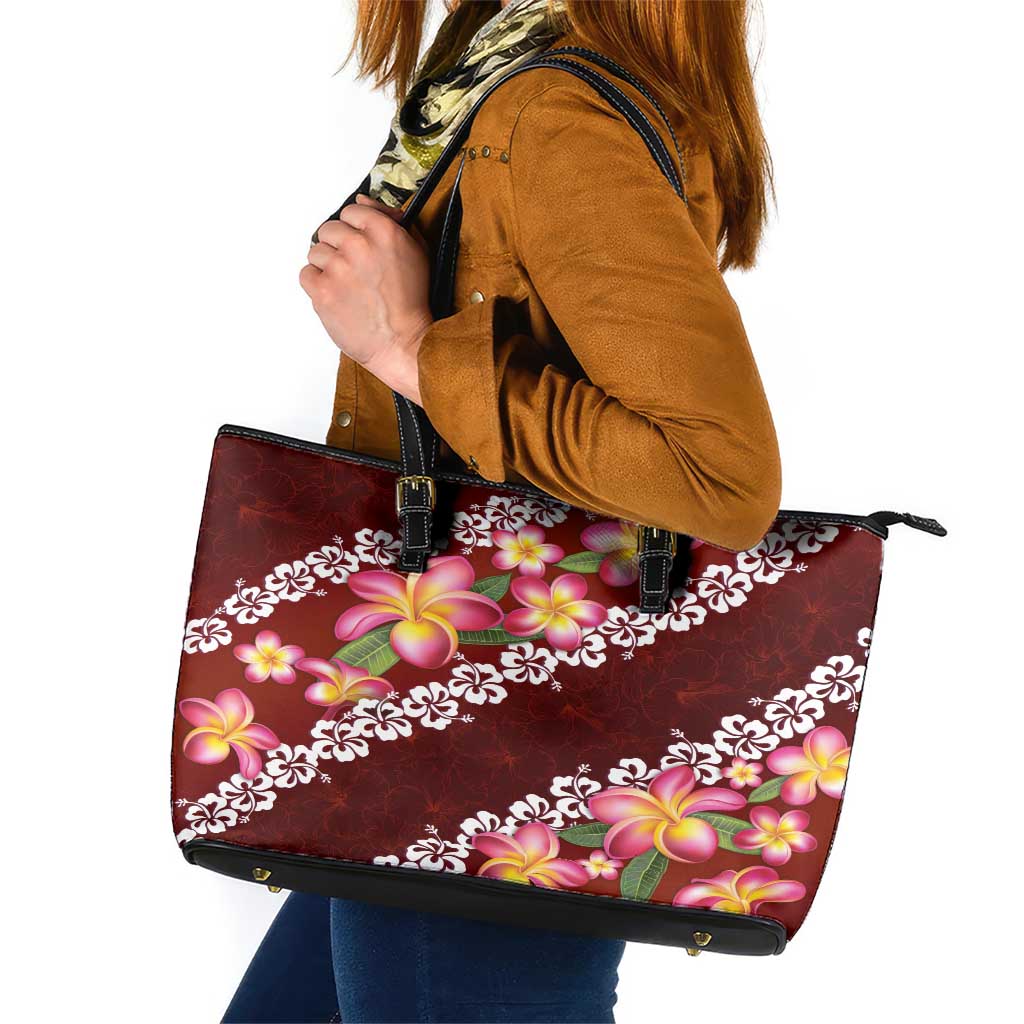 Oxblood Polynesia Leather Tote Bag Plumeria With Hibiscus Pattern Tropical Vibes