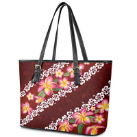 Oxblood Polynesia Leather Tote Bag Plumeria With Hibiscus Pattern Tropical Vibes