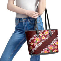 Oxblood Polynesia Leather Tote Bag Plumeria With Hibiscus Pattern Tropical Vibes