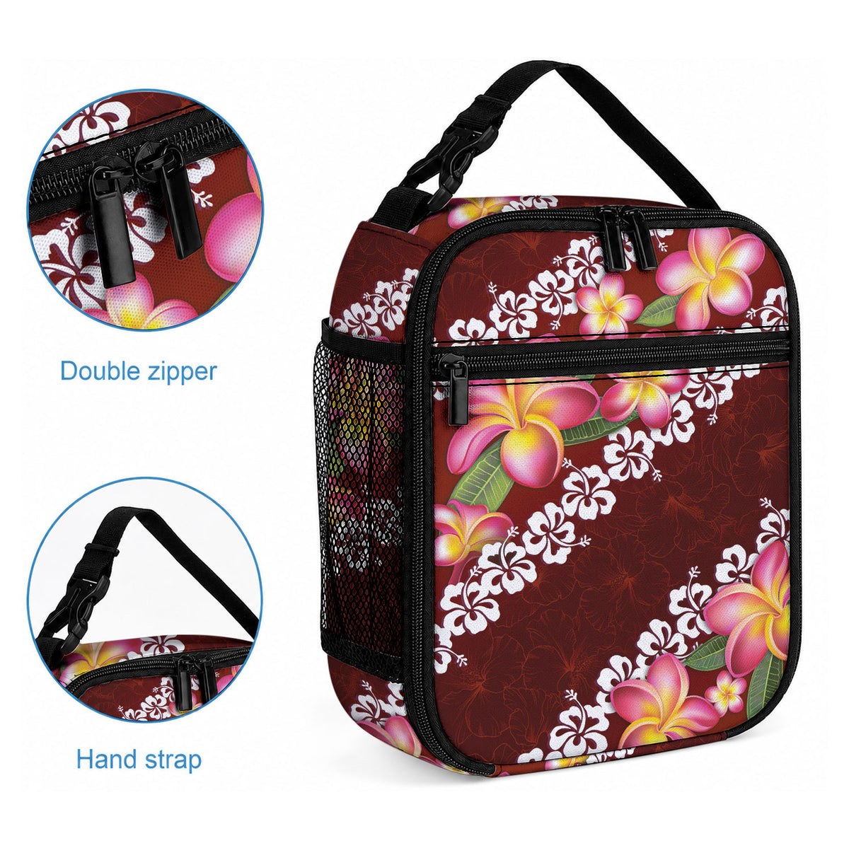 Oxblood Polynesia Lunch Bag Plumeria With Hibiscus Pattern Tropical Vibes LT14 - Polynesian Pride