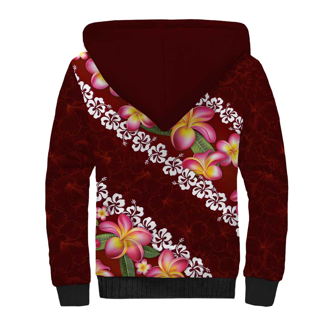 Oxblood Polynesia Sherpa Hoodie Plumeria With Hibiscus Pattern Tropical Vibes