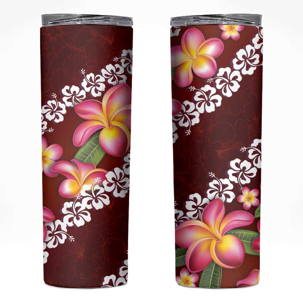 Oxblood Polynesia Skinny Tumbler Plumeria With Hibiscus Pattern Tropical Vibes