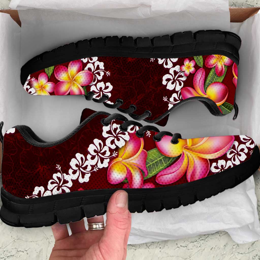 Oxblood Polynesia Sneakers Plumeria With Hibiscus Pattern Tropical Vibes