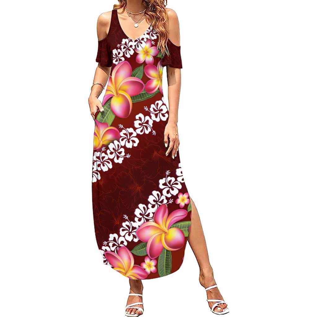 Oxblood Polynesia Summer Maxi Dress Plumeria With Hibiscus Pattern Tropical Vibes