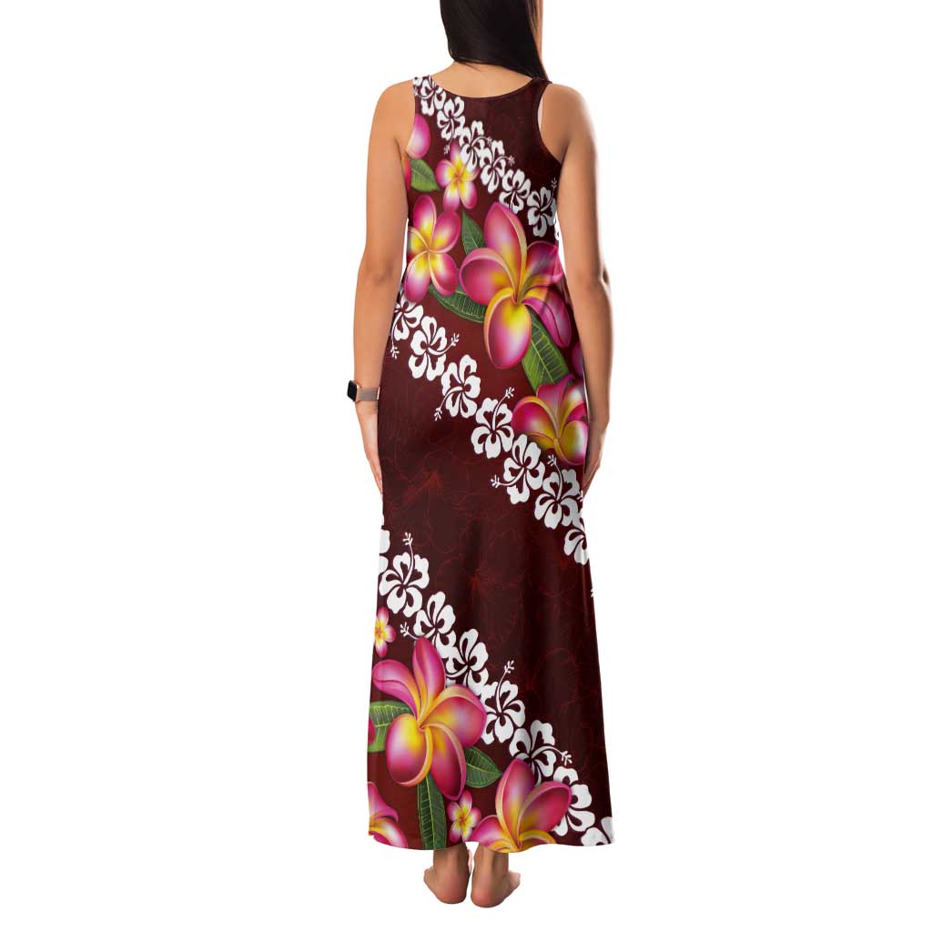 Oxblood Polynesia Tank Maxi Dress Plumeria With Hibiscus Pattern Tropical Vibes