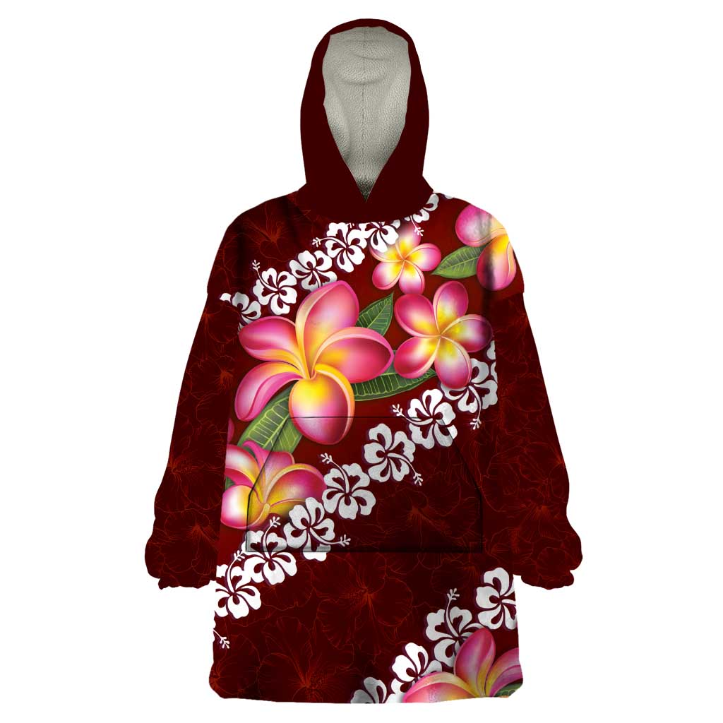 Oxblood Polynesia Wearable Blanket Hoodie Plumeria With Hibiscus Pattern Tropical Vibes