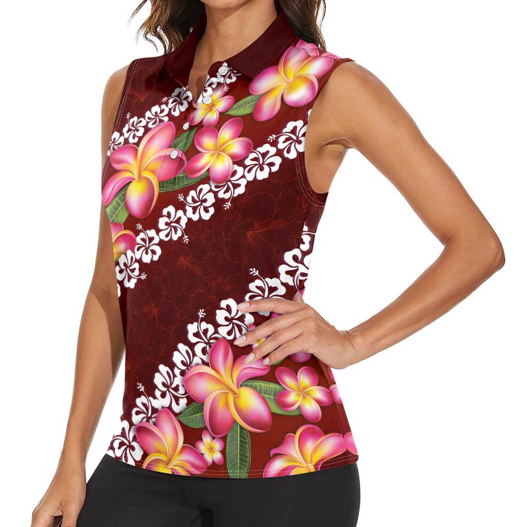 Oxblood Polynesia Women Sleeveless Polo Shirt Plumeria With Hibiscus Pattern Tropical Vibes