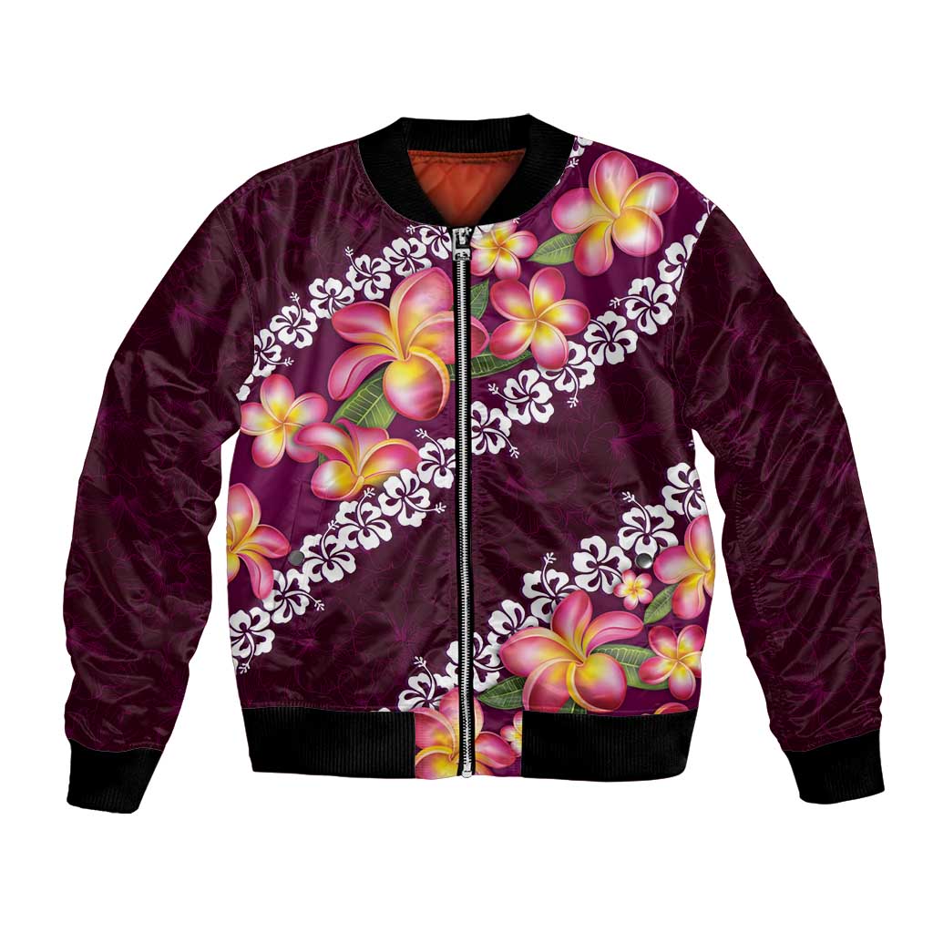 Pink Polynesia Bomber Jacket Plumeria With Hibiscus Pattern Tropical Vibes