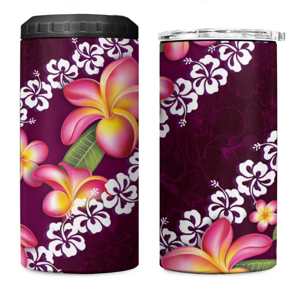 Pink Polynesia 4 in 1 Can Cooler Tumbler Plumeria With Hibiscus Pattern Tropical Vibes