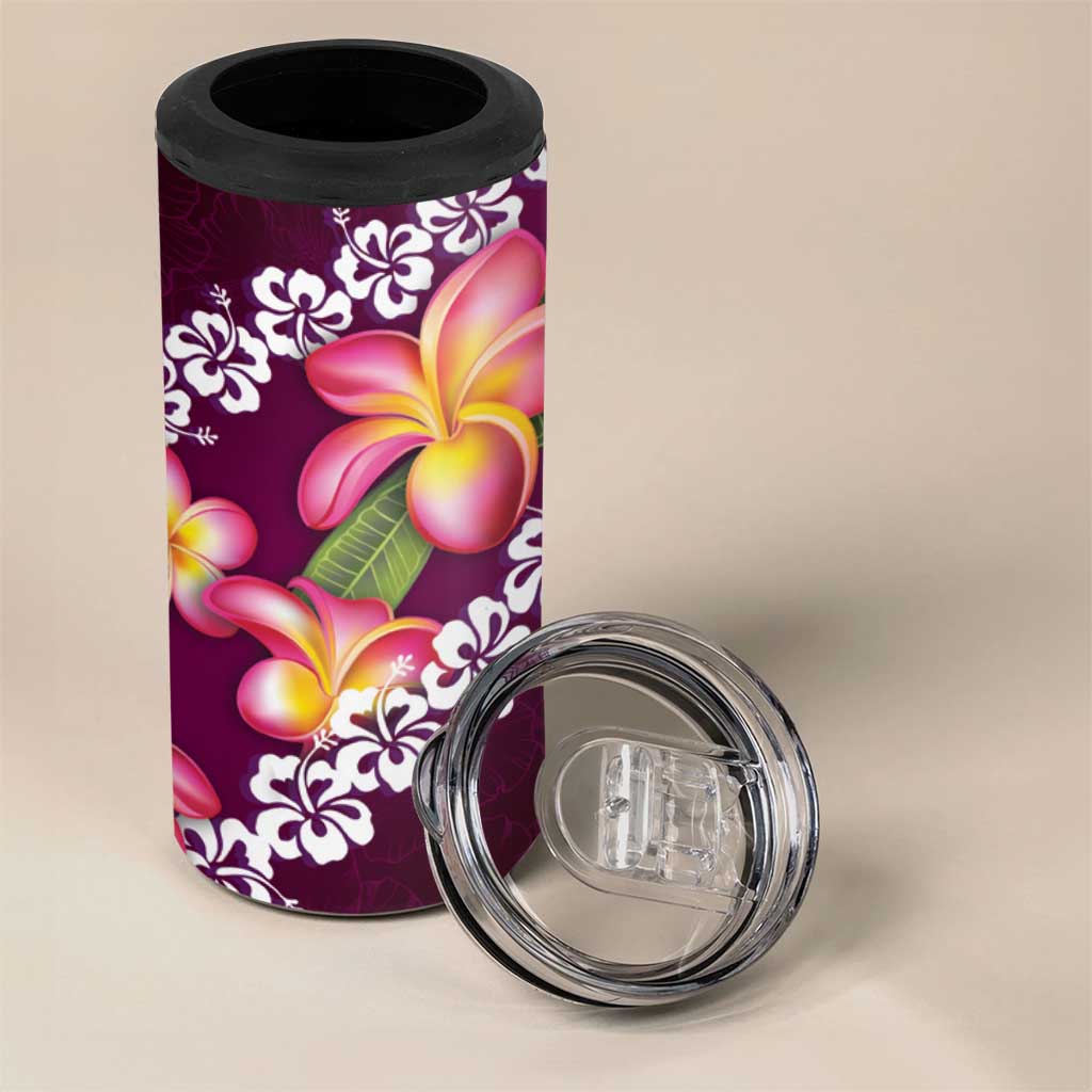 Pink Polynesia 4 in 1 Can Cooler Tumbler Plumeria With Hibiscus Pattern Tropical Vibes