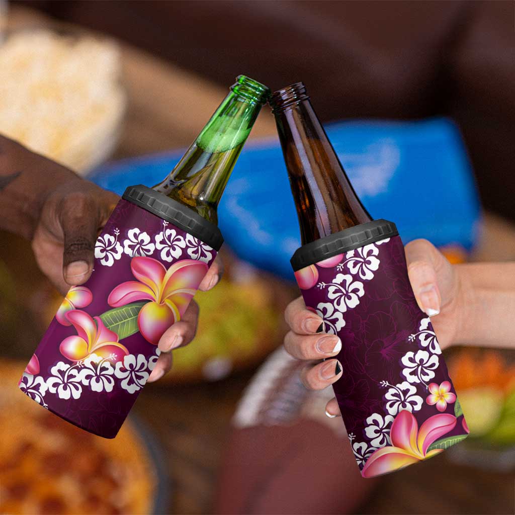 Pink Polynesia 4 in 1 Can Cooler Tumbler Plumeria With Hibiscus Pattern Tropical Vibes