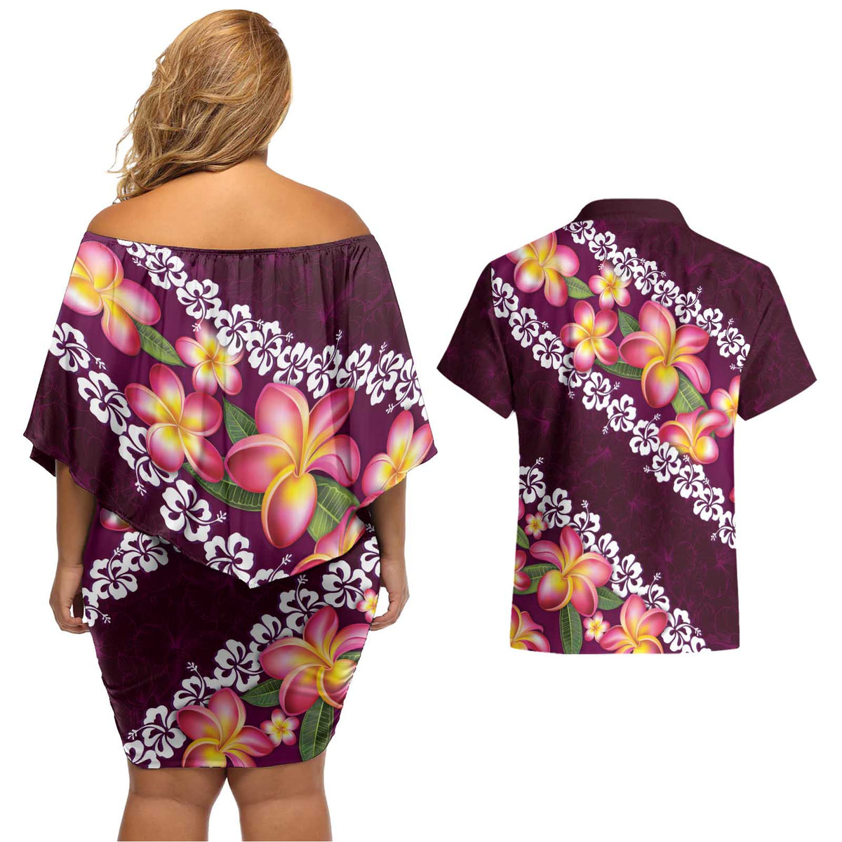 Pink Polynesia Couples Matching Off Shoulder Short Dress and Hawaiian Shirt Plumeria With Hibiscus Pattern Tropical Vibes