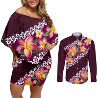 Pink Polynesia Couples Matching Off Shoulder Short Dress and Long Sleeve Button Shirt Plumeria With Hibiscus Pattern Tropical Vibes